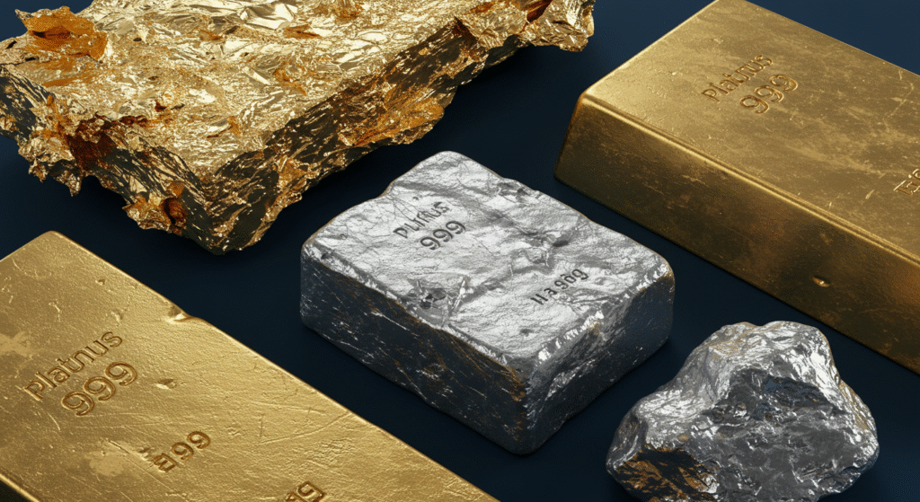 Gold and silver bars arranged on a blue surface, showcasing their metallic luster and contrasting colors.