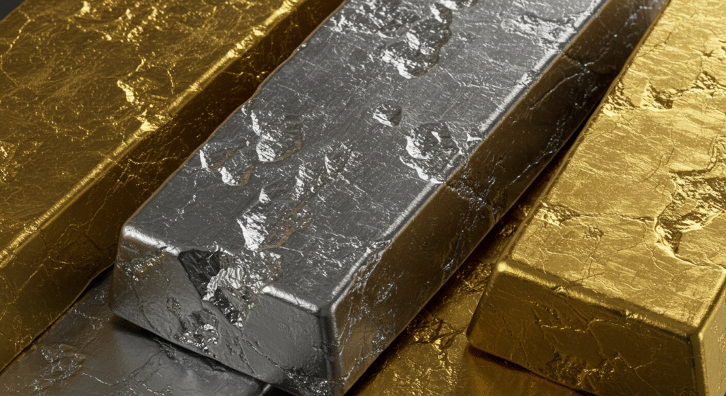 Stacked gold and silver bars, showcasing a mix of precious metals in a neat arrangement.