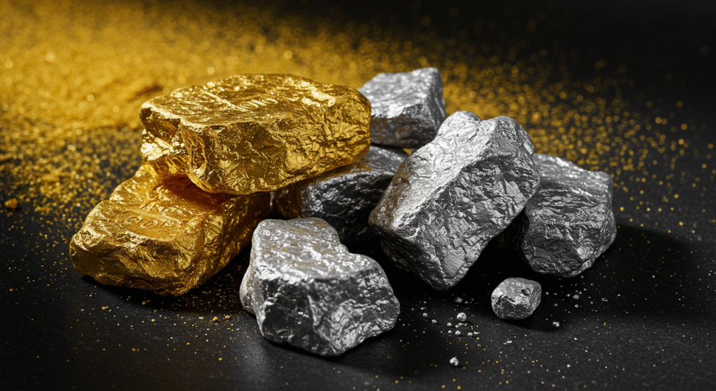 Gold and silver nuggets scattered on a smooth black background, highlighting their metallic luster and texture.