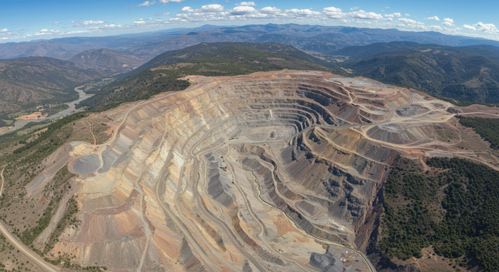 Aerial view of an expansive open pit mine, showcasing layers of earth and machinery in operation.